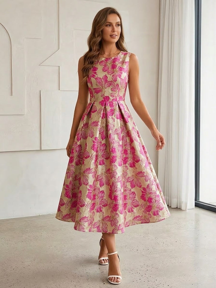 A-Line/Princess Scoop Jacquard Cocktail Dresses Tea-Length Sleeveless Floral Formal Dresses