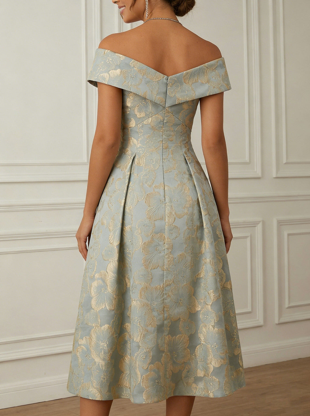 A-Line/Princess Off-the-Shoulder Jacquard Cocktail Dresses Tea-Length Sleeveless Floral Formal Dresses