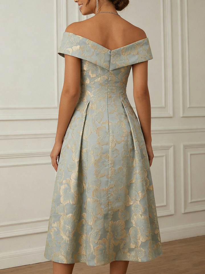 A-Line/Princess Off-the-Shoulder Jacquard Cocktail Dresses Tea-Length Sleeveless Floral Formal Dresses