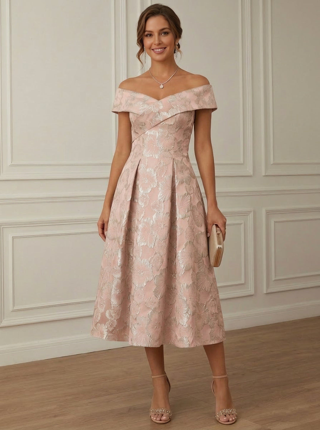 A-Line/Princess Off-the-Shoulder Jacquard Cocktail Dresses Tea-Length Sleeveless Floral Formal Dresses