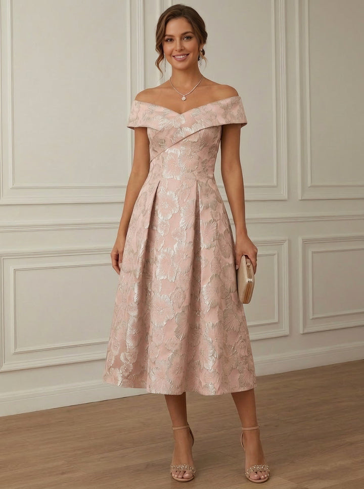 A-Line/Princess Off-the-Shoulder Jacquard Cocktail Dresses Tea-Length Sleeveless Floral Formal Dresses