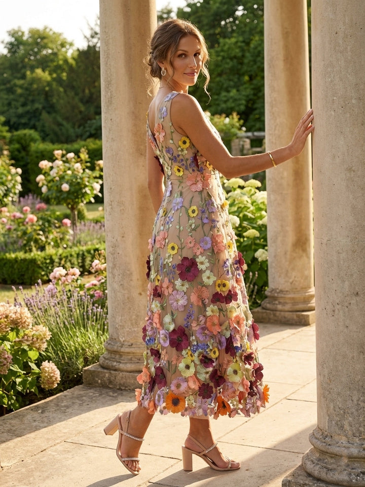 A-Line/Princess V-Neck Lace Embroidery Cocktail Dresses Floral Tea-Length Sleeveless Formal Dresses