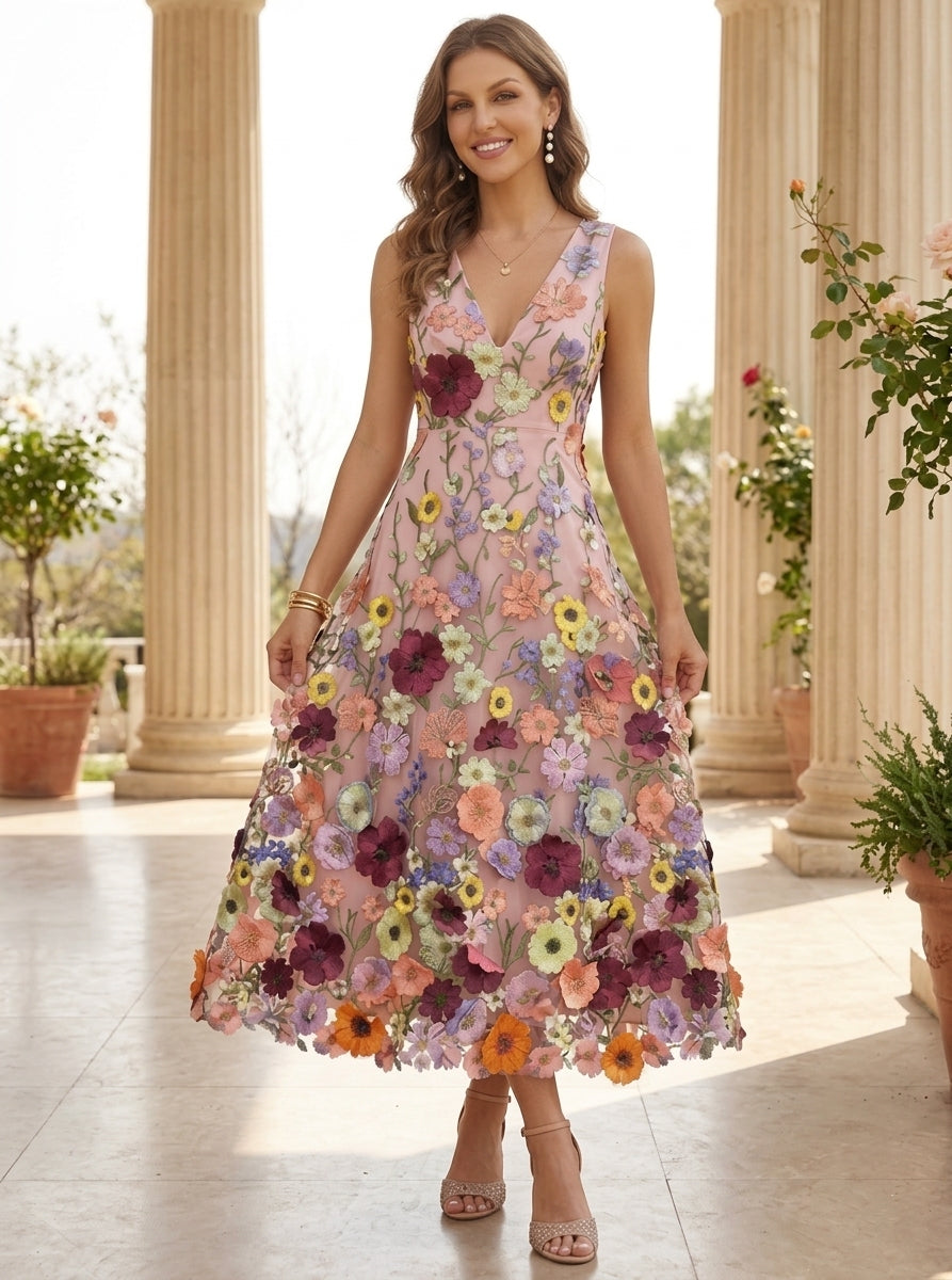 A-Line/Princess V-Neck Lace Embroidery Cocktail Dresses Floral Tea-Length Sleeveless Formal Dresses