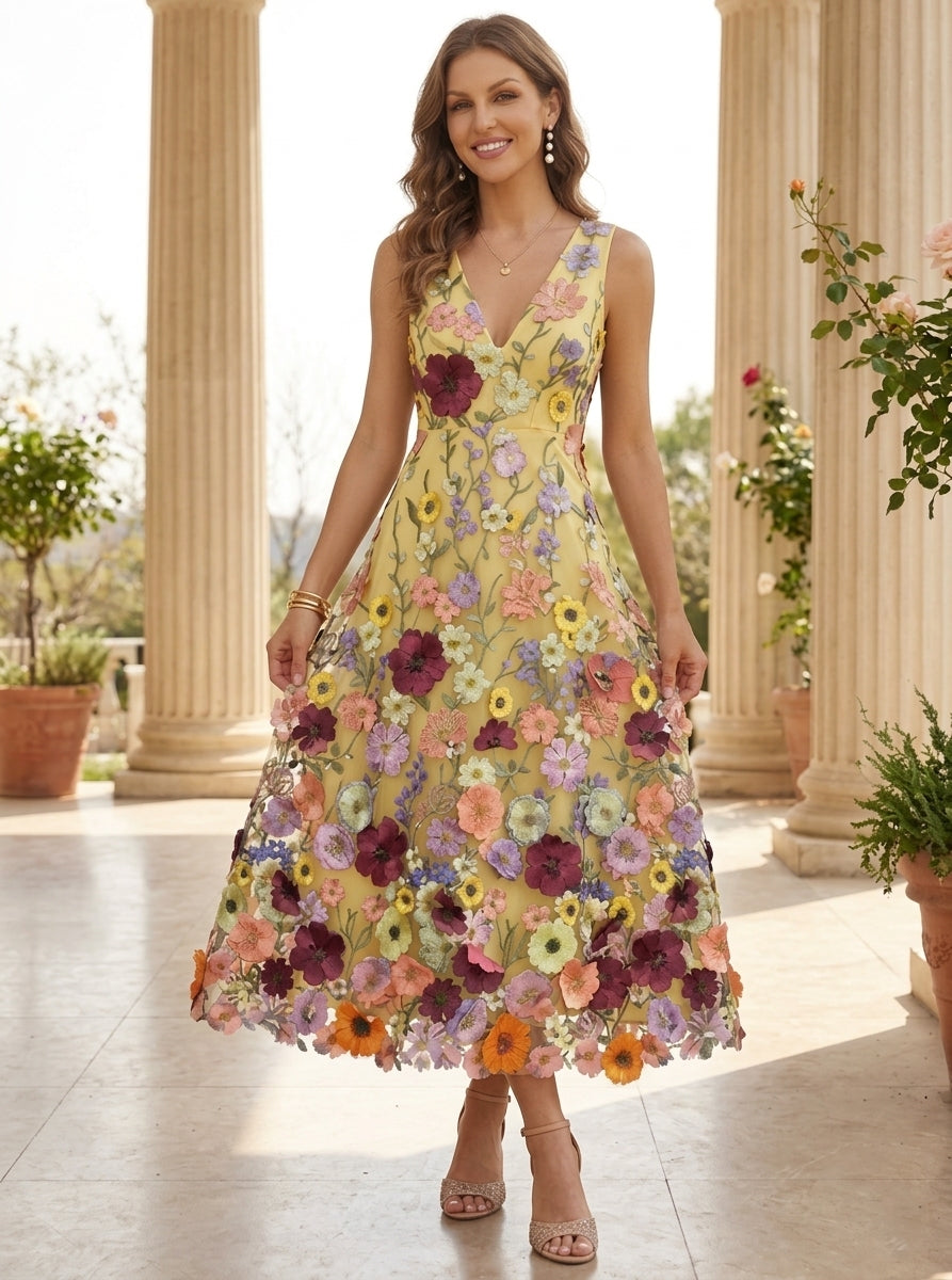 A-Line/Princess V-Neck Lace Embroidery Cocktail Dresses Floral Tea-Length Sleeveless Formal Dresses