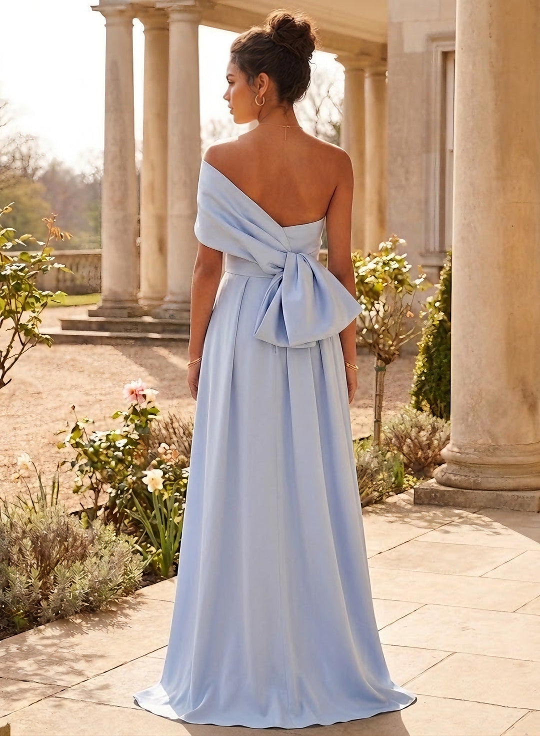 Sheath/Column One-Shoulder Satin Cocktail Dresses with Overskirt Sleeveless Floral Tea-Length Formal Dresses