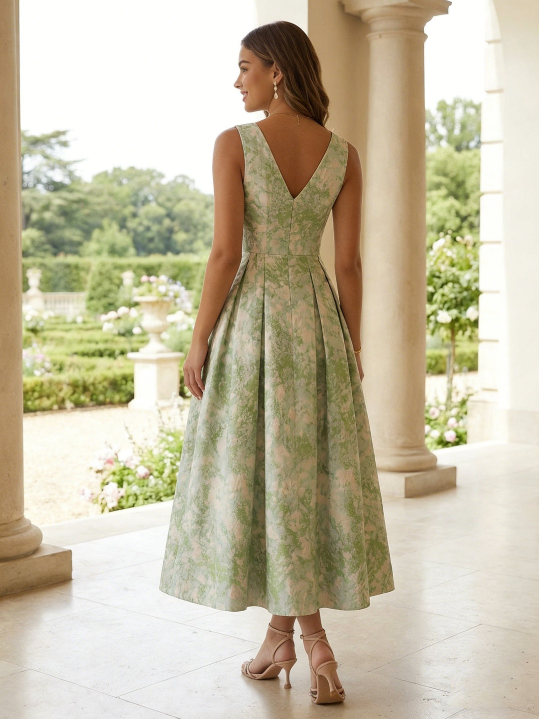 A-Line/Princess V-Neck Jacquard Cocktail Dresses Tea-Length Floral Sleeveless Formal Dresses