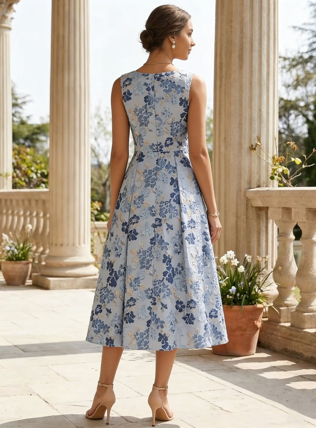 A-Line/Princess Scoop Jacquard Cocktail Dresses Tea-Length Floral Sleeveless Formal Dresses