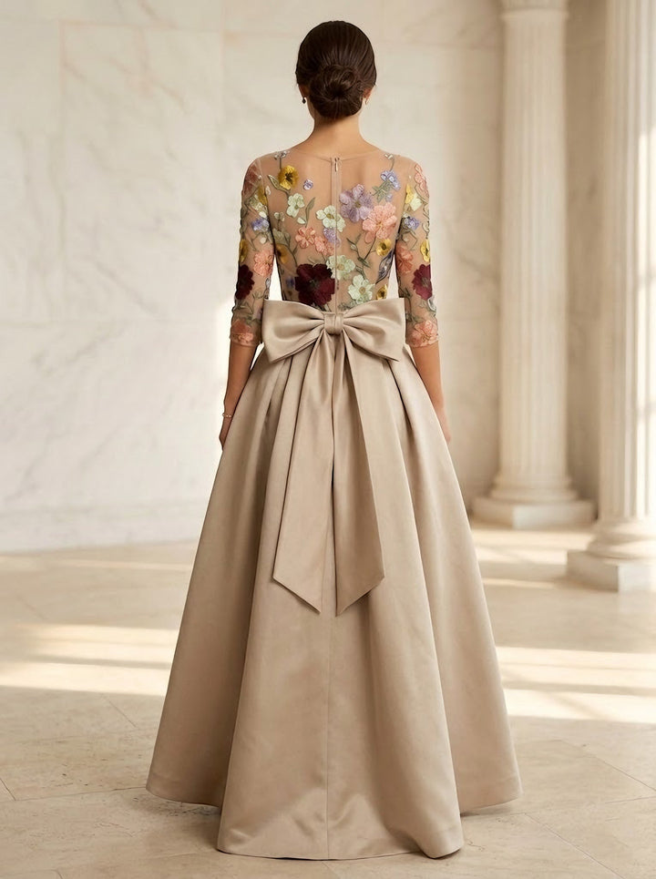 Jumpsuit Scoop Satin Evening Dresses with Overskirt Lace Floral 3/4 Sleeves Bowknot Ankle-Length Party Dresses