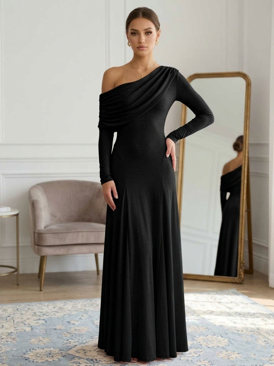 Sheath/Column One-Shoulder Elastic Chiffon Evening Dresses Floor-Length Long Sleeves Ruffles Party Dress