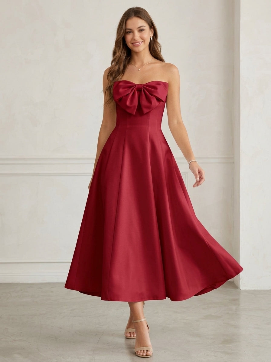 A-Line/Princess Strapless Satin Cocktail Dresses Tea-Length Sleeveless Bowknot Formal Dresses