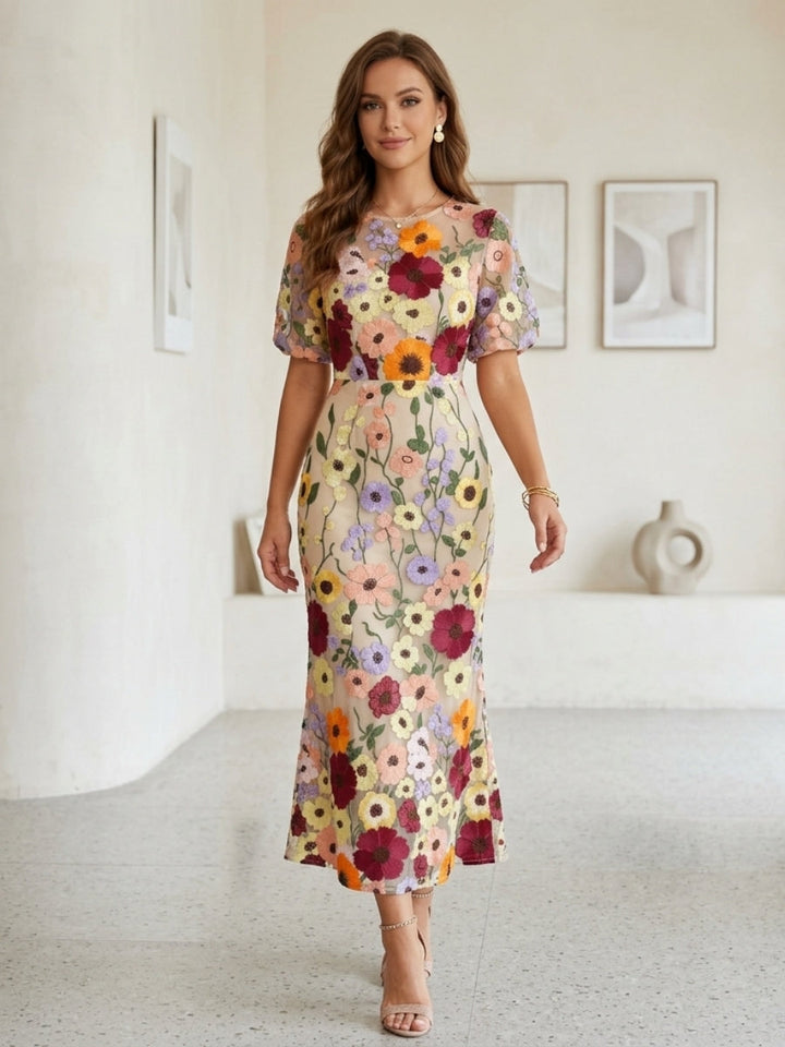 Sheath/Column Scoop Wedding Guest Dresses Lace Embroidery Tea-Length Short Sleeves Floral