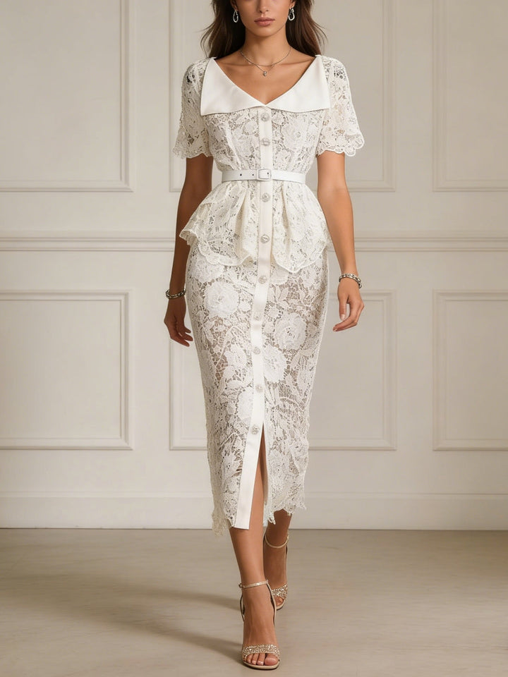 Sheath/Column V-Neck Lace Wedding Guest Dresses Tea-Length Short Sleeves Floral Belt Rhinestones Buckle