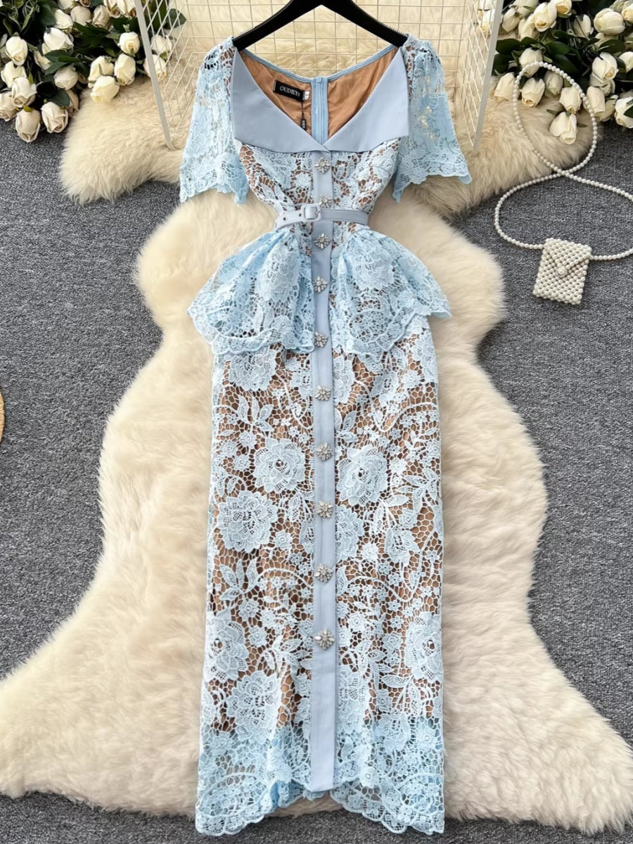 Sheath/Column V-Neck Lace Wedding Guest Dresses Tea-Length Short Sleeves Floral Belt Rhinestones Buckle