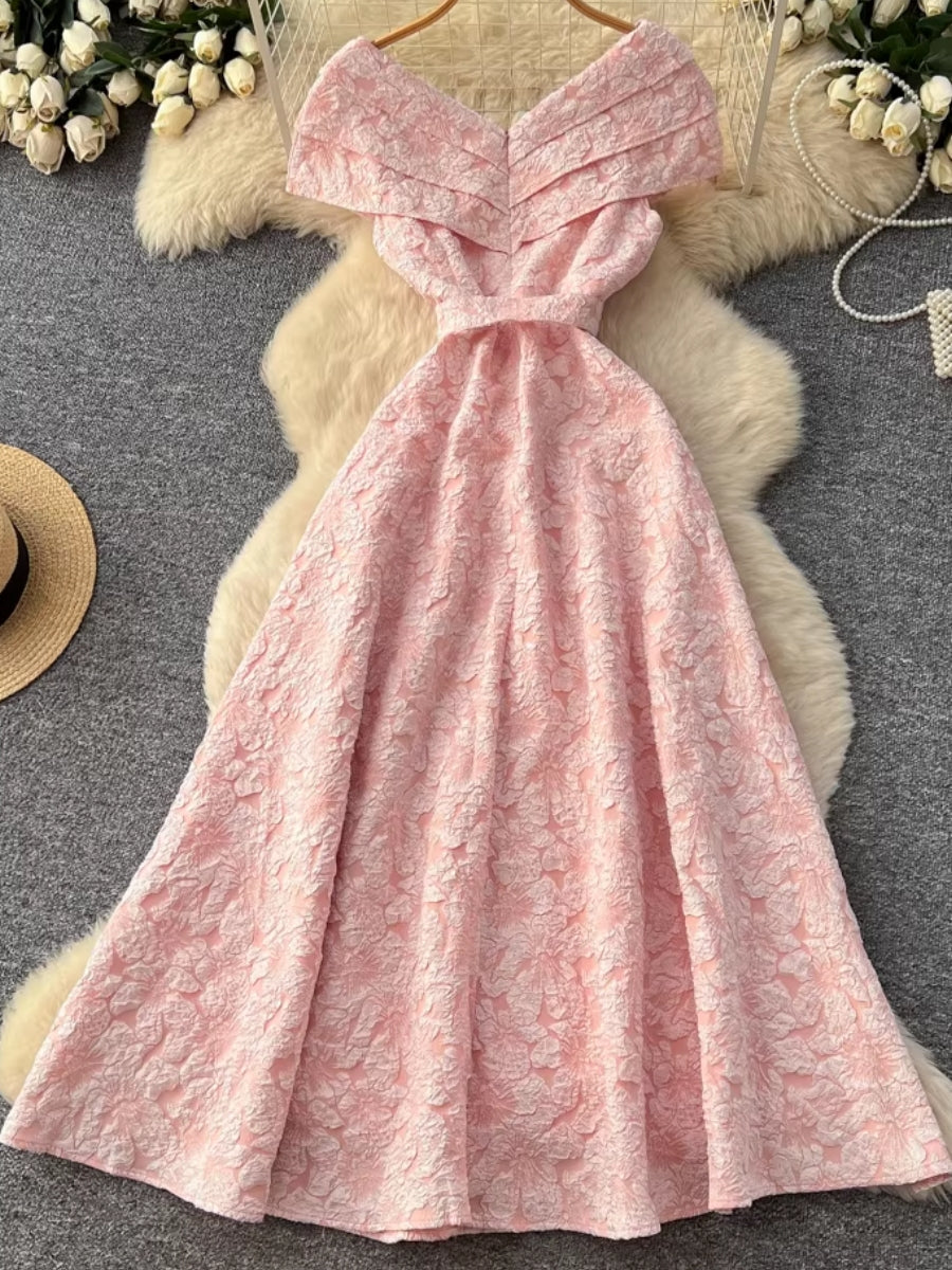 A-Line/Princess Off-the-Shoulder Jacquard Wedding Guest Dresses Tea-Length Sleeveless Floral Belt