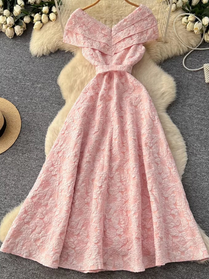 A-Line/Princess Off-the-Shoulder Jacquard Wedding Guest Dresses Tea-Length Sleeveless Floral Belt