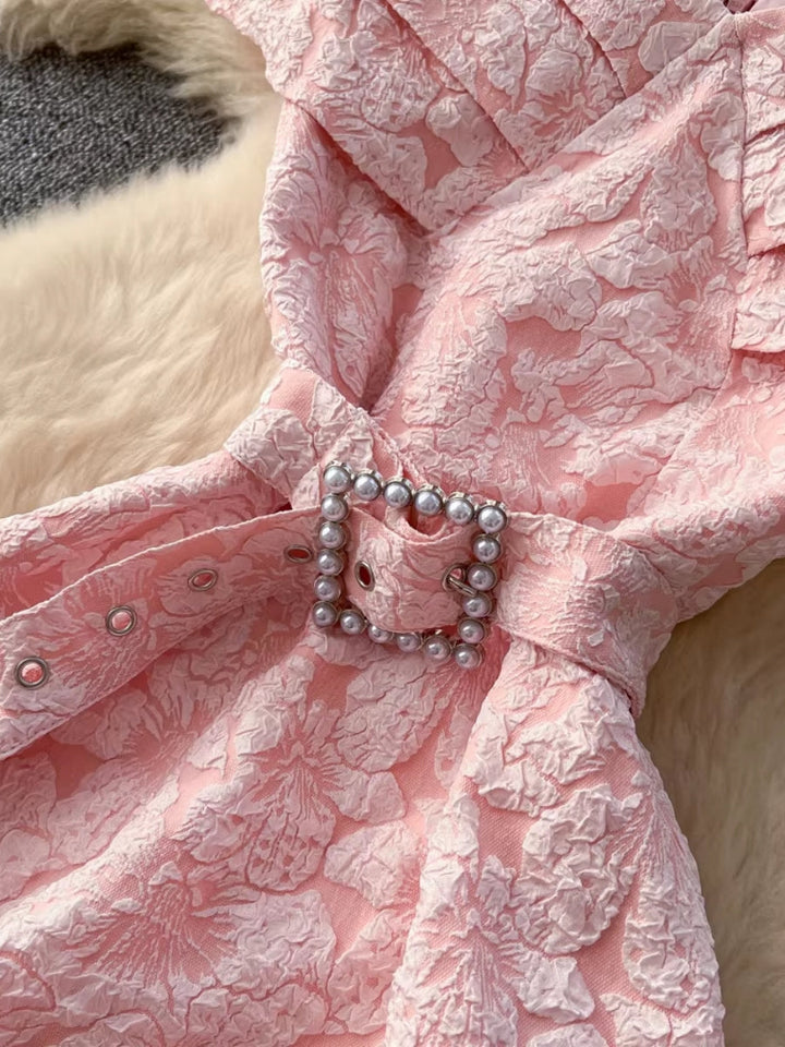 A-Line/Princess Off-the-Shoulder Jacquard Wedding Guest Dresses Tea-Length Sleeveless Floral Belt