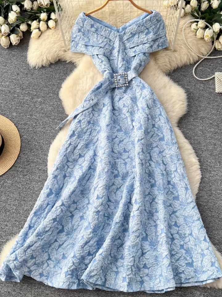 A-Line/Princess Off-the-Shoulder Jacquard Wedding Guest Dresses Tea-Length Sleeveless Floral Belt
