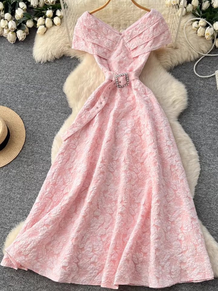 A-Line/Princess Off-the-Shoulder Jacquard Wedding Guest Dresses Tea-Length Sleeveless Floral Belt