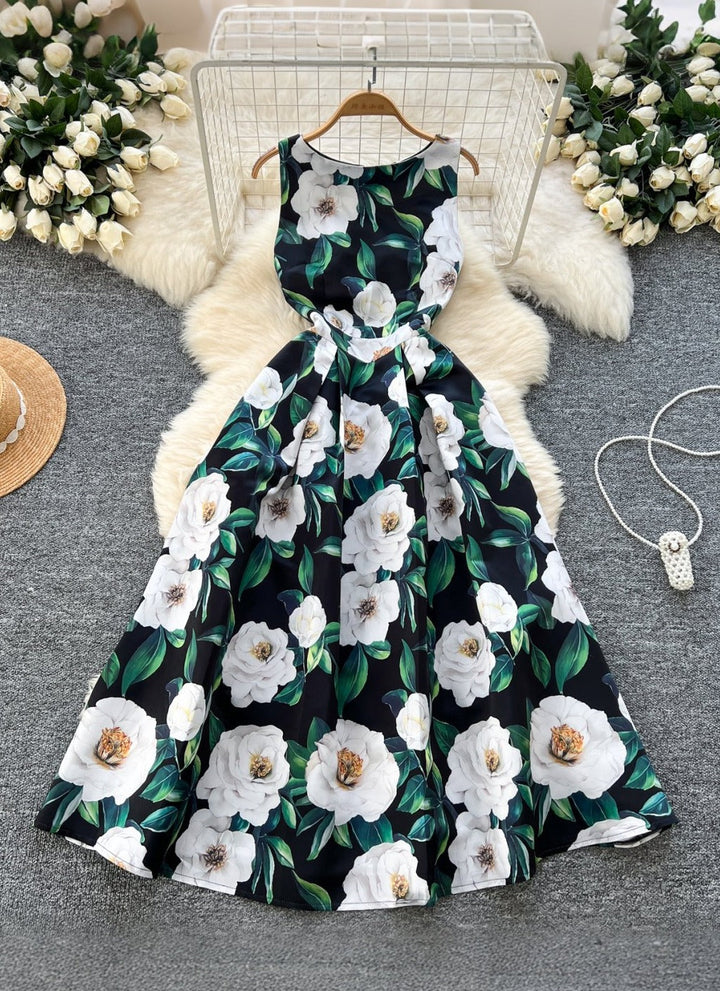 A-Line/Princess Scoop Printed Wedding Guest Dresses Tea-Length Sleeveless Floral