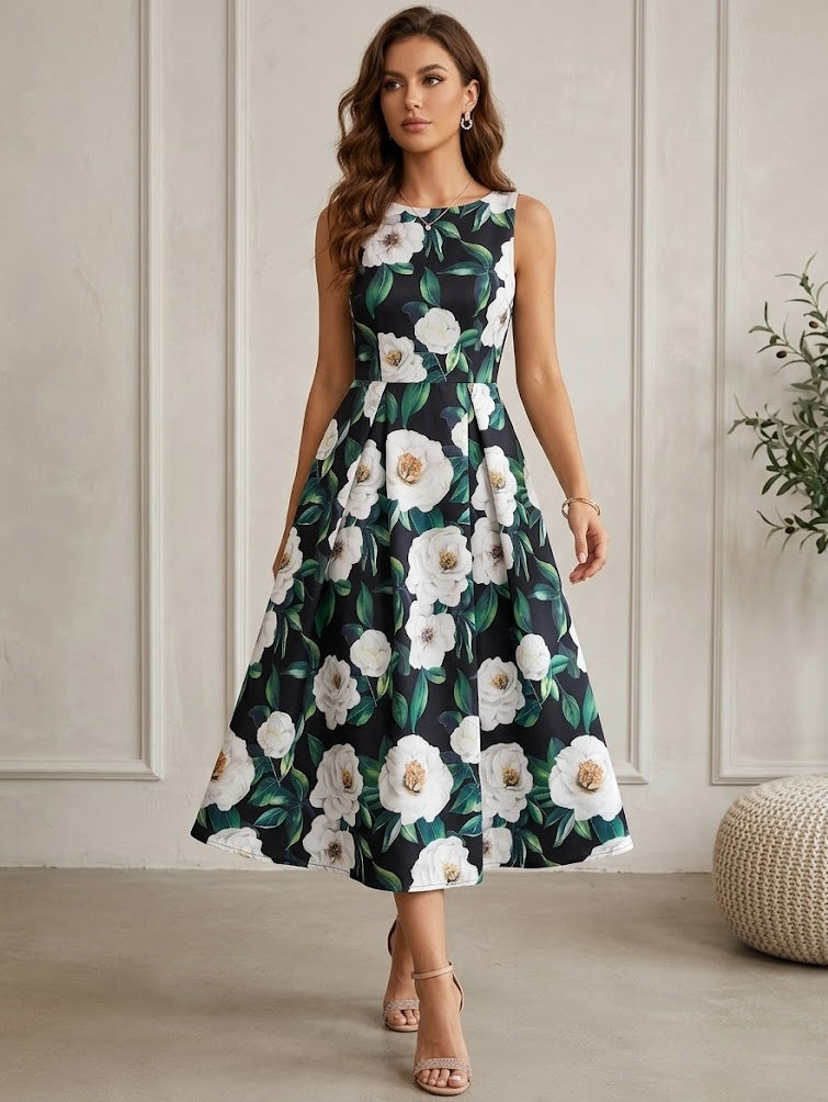 A-Line/Princess Scoop Printed Wedding Guest Dresses Tea-Length Sleeveless Floral
