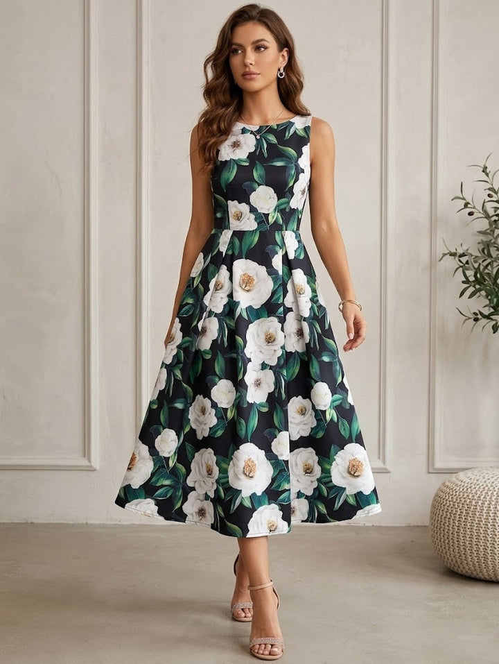 A-Line/Princess Scoop Printed Wedding Guest Dresses Tea-Length Sleeveless Floral