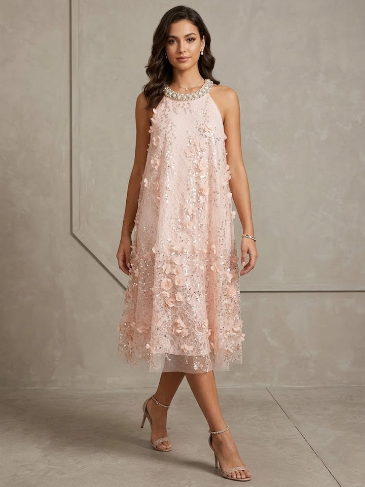 A-Line/Princess Halter Lace Wedding Guest Dresses Tea-Length Sleeveless With 3D Flowers
