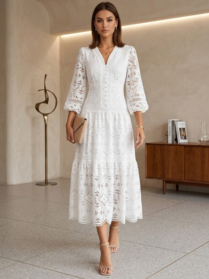 A-Line/Princess V-Neck Lace Wedding Guest Dresses Tea-Length 3/4Sleeves Floral