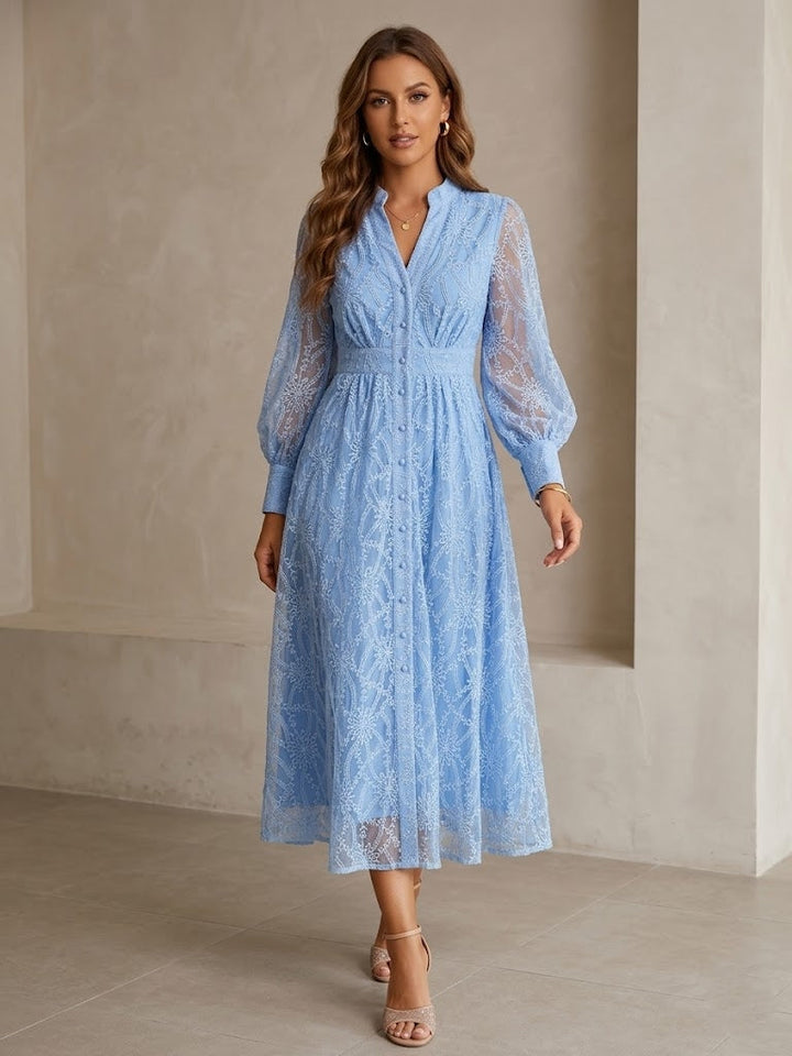 A-Line/Princess V-Neck Lace Wedding Guest Dresses Tea-Length Long Sleeves Floral