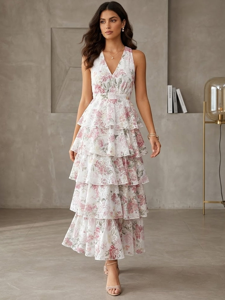 A-Line/Princess V-Neck Chiffon Wedding Guest Dresses Tea-Length Sleeveless Floral Ruffles