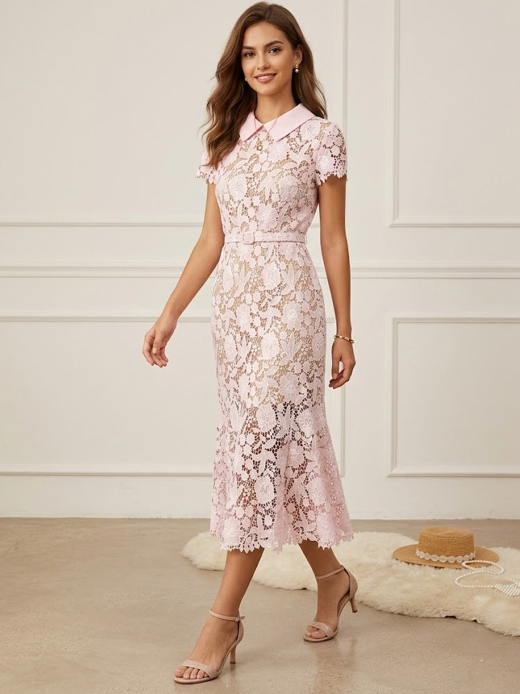 A-Line/Princess Shirt Collar Lace Wedding Guest Dresses Tea-Length Short Sleeves Floral