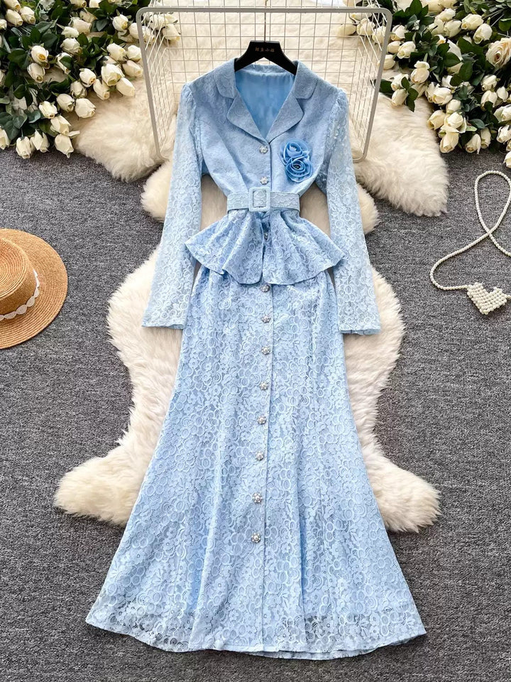 A-Line/Princess V-Neck Lace Wedding Guest Dresses Tea-Length Long Sleeves With 3D Flower&Belt