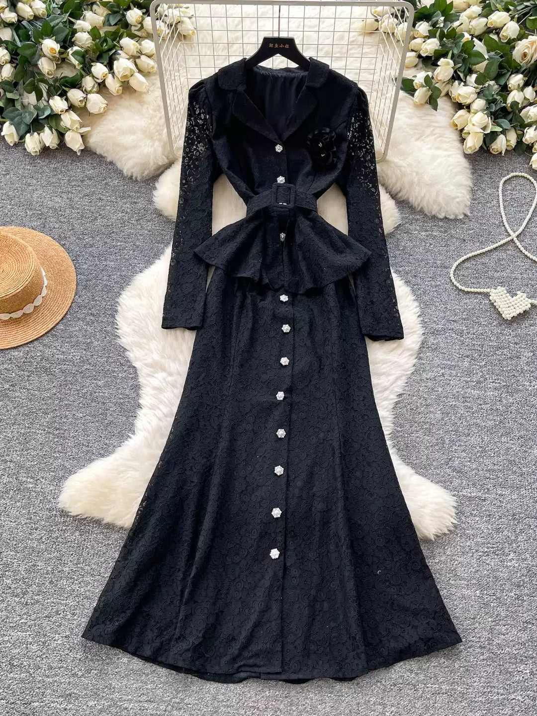 A-Line/Princess V-Neck Lace Wedding Guest Dresses Tea-Length Long Sleeves With 3D Flower&Belt
