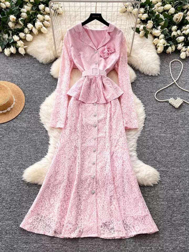 A-Line/Princess V-Neck Lace Wedding Guest Dresses Tea-Length Long Sleeves With 3D Flower&Belt