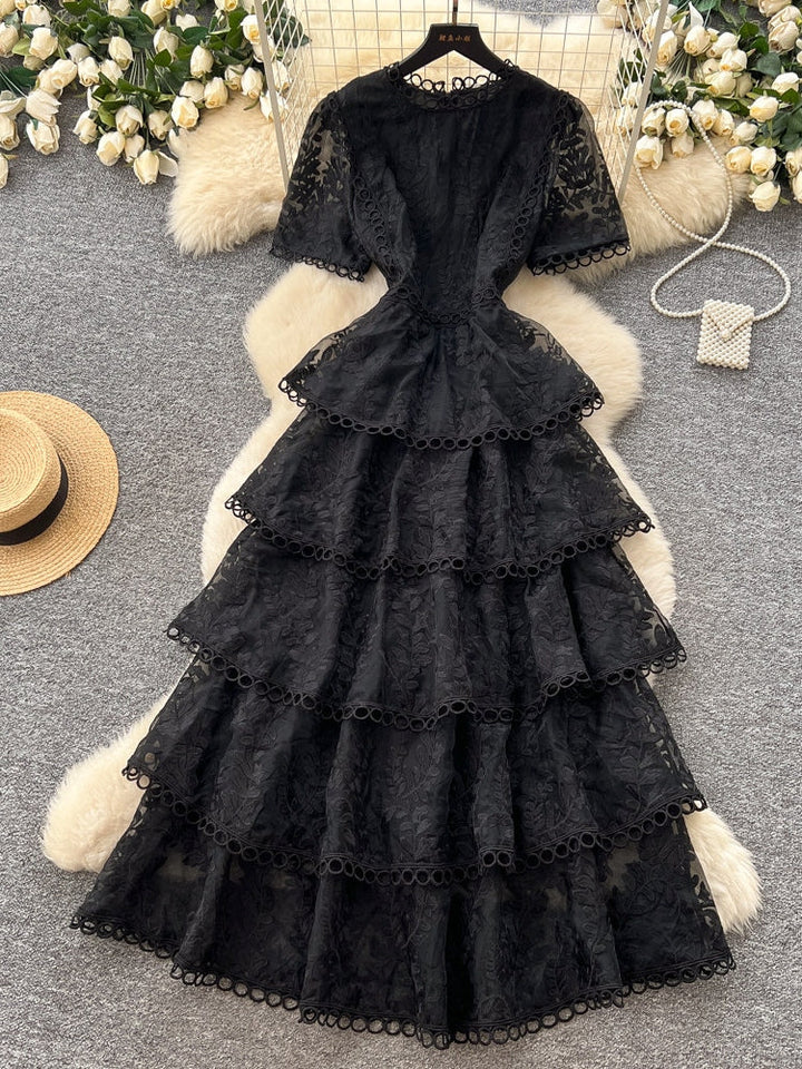 A-Line/Princess Scoop Lace Wedding Guest Dresses Tea-Length Short Sleeves