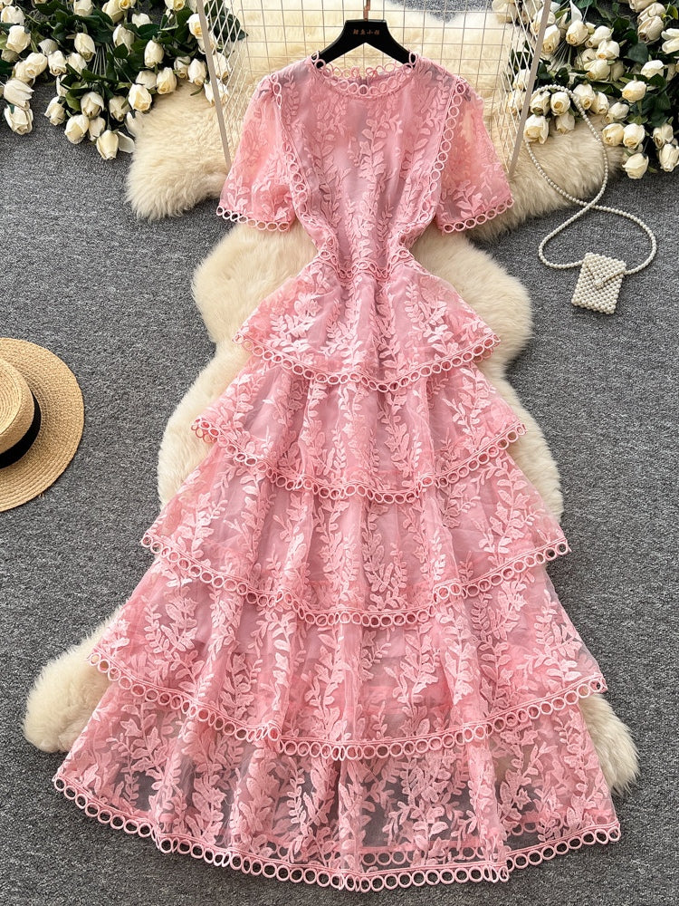 A-Line/Princess Scoop Lace Wedding Guest Dresses Tea-Length Short Sleeves