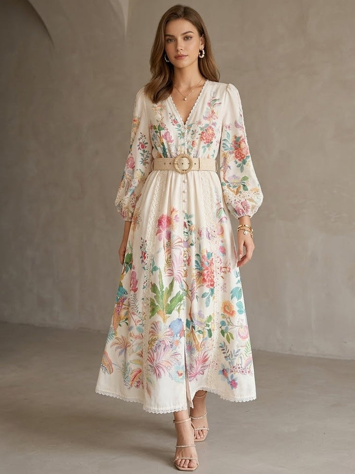 A-Line/Princess V-Neck Printed Lace Wedding Guest Dresses Tea-Length Long Sleeves Floral With Belt