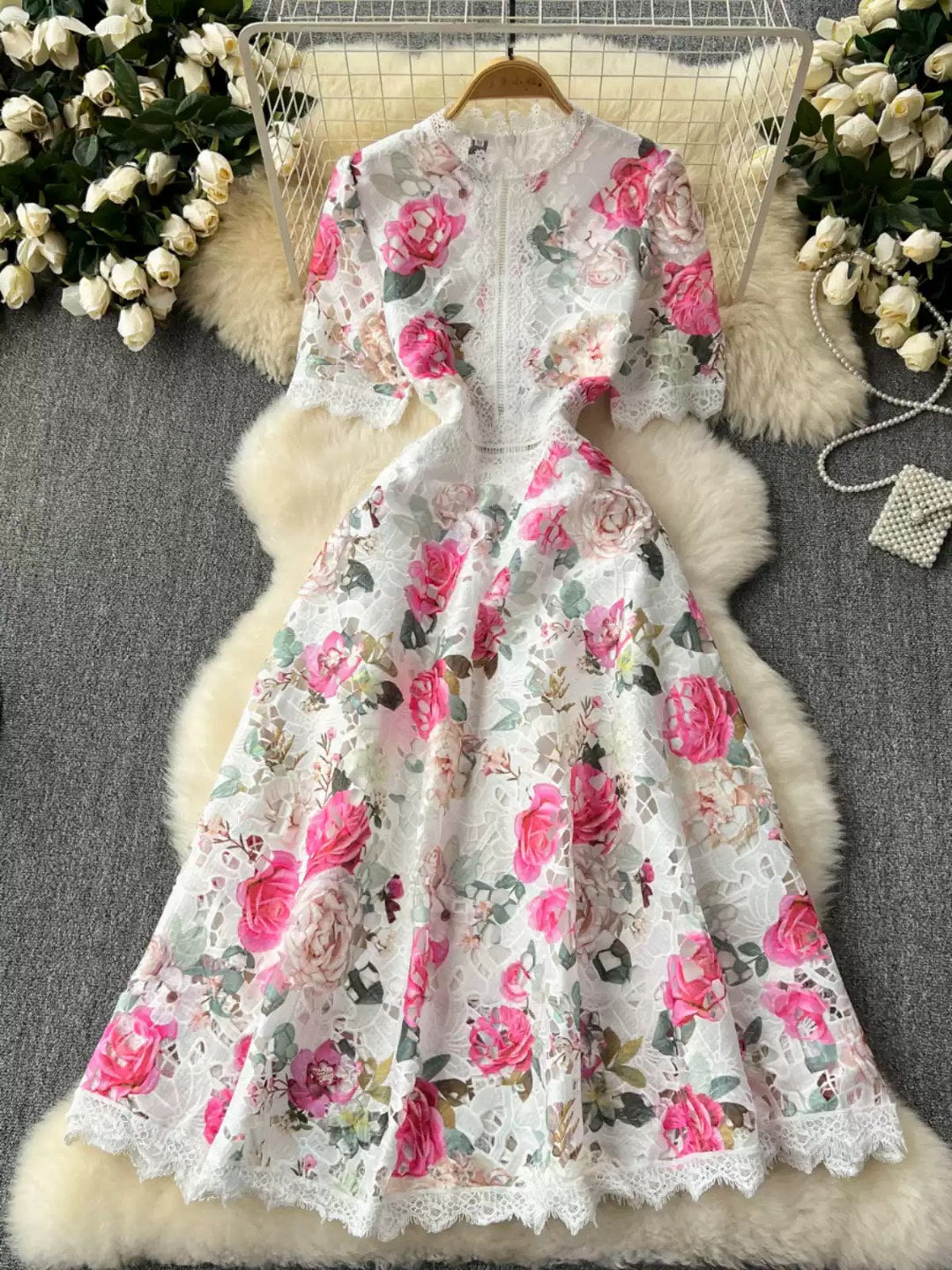 A-Line/Princess V-Neck Printed Lace Wedding Guest Dresses Tea-Length Short Sleeves Floral