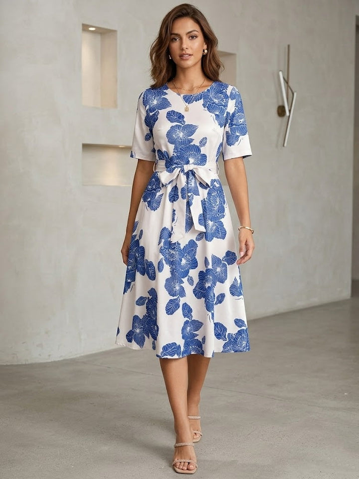 A-Line/Princess Scoop Printed Wedding Guest Dresses Tea-Length Short Sleeves Floral Bowknot
