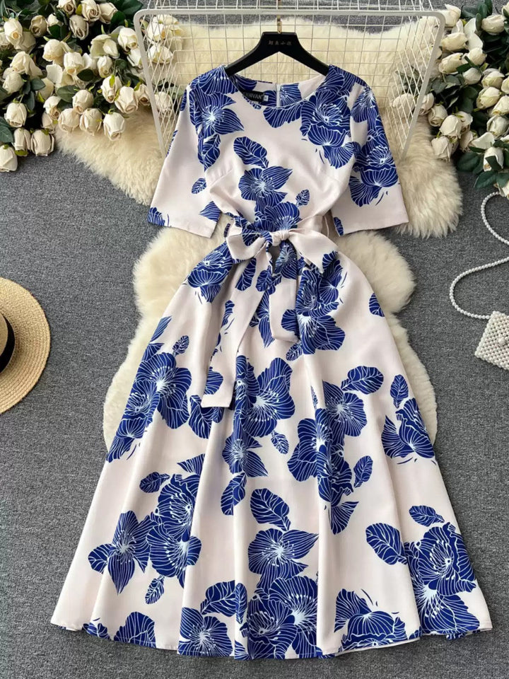 A-Line/Princess Scoop Printed Wedding Guest Dresses Tea-Length Short Sleeves Floral Bowknot