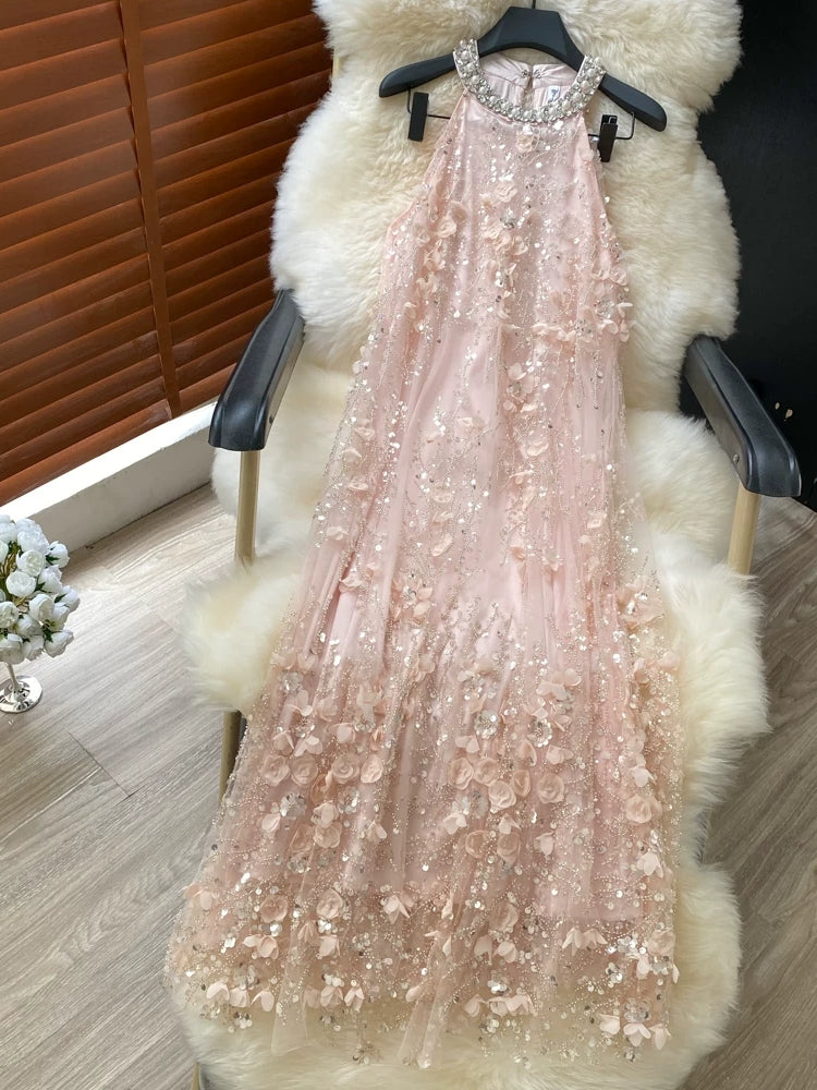A-Line/Princess Halter Wedding Guest Dresses Ankle-Length Sleeveless With 3D Flowers&Sequins