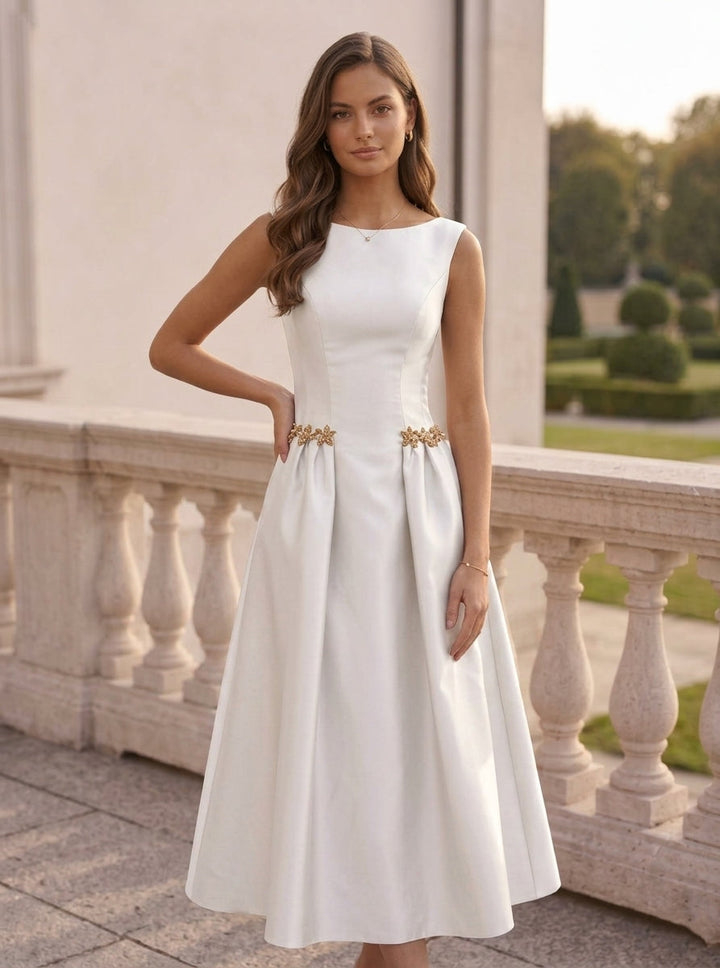 A-Line/Princess Scoop Satin Cocktail Dresses Sleeveless Tea-Length Rhinestone Formal Dresses