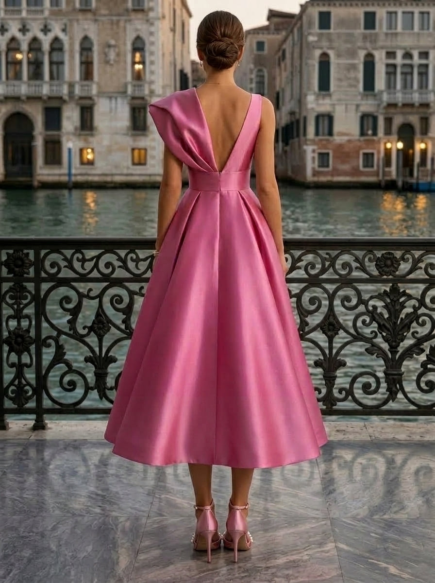 Sheath/Column V-Neck Satin Cocktail Dresses with Overskirt Sleeveless Tea-Length Ruched Formal Dresses