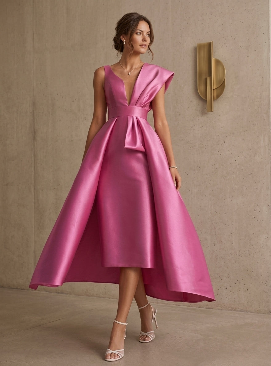 Sheath/Column V-Neck Satin Cocktail Dresses with Overskirt Sleeveless Tea-Length Ruched Formal Dresses