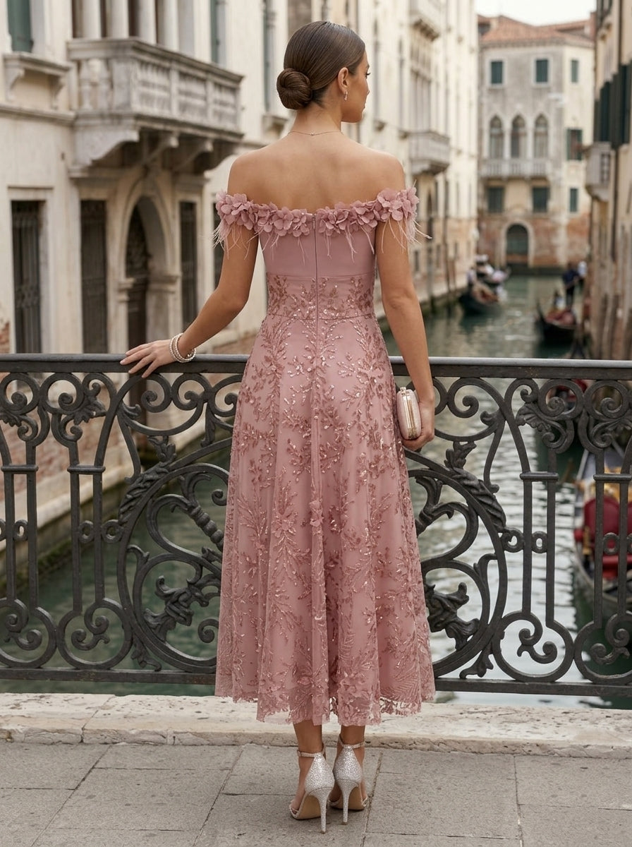 A-Line/Princess Off-the-Shoulder Lace Seuiqns Cocktail Dresses 3D Flower Sleeveless Floral Tea-Length Formal Dresses