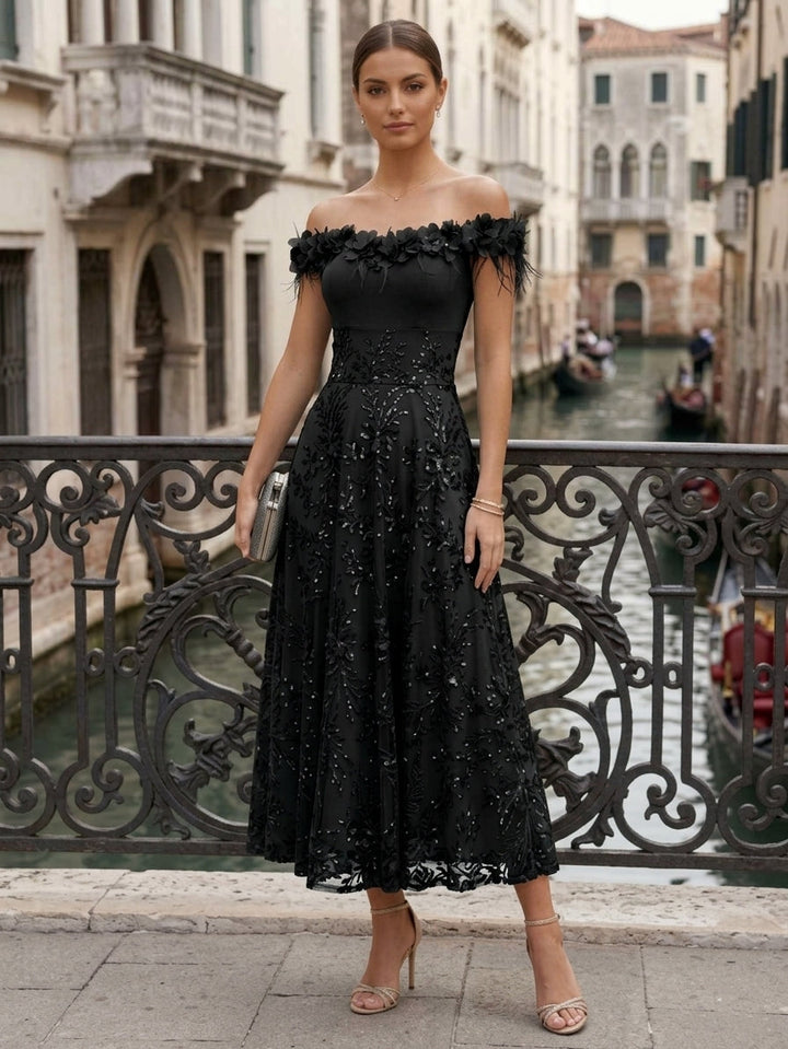 A-Line/Princess Off-the-Shoulder Lace Seuiqns Cocktail Dresses 3D Flower Sleeveless Floral Tea-Length Formal Dresses