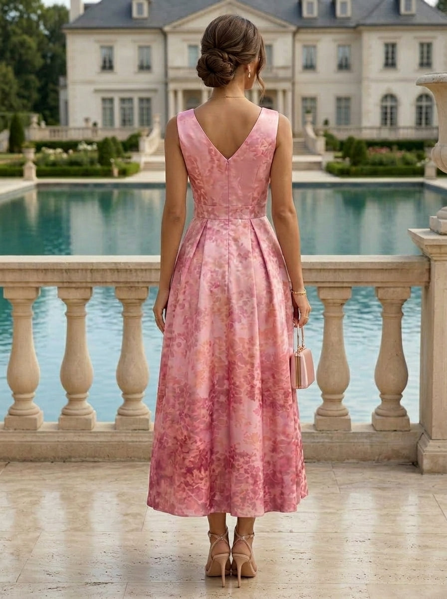 A-Line/Princess V-Neck Printed Cocktail Dresses Sleeveless Floral Tea-Length Bowknot Formal Dresses