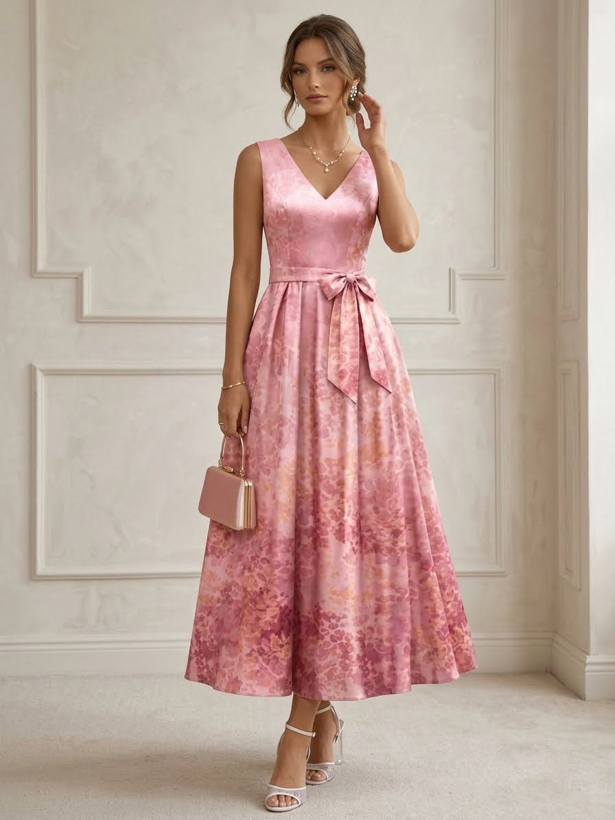 A-Line/Princess V-Neck Printed Cocktail Dresses Sleeveless Floral Tea-Length Bowknot Formal Dresses