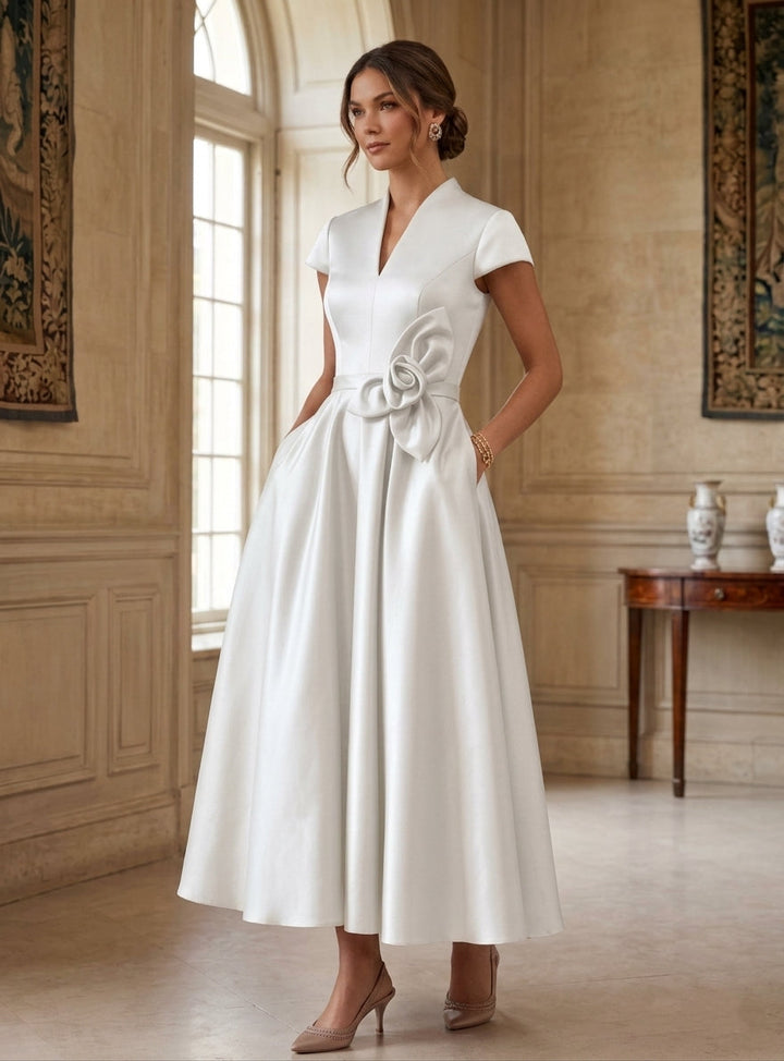 A-Line/Princess V-Neck Satin Cocktail Dresses with 3D Flower Cap Sleeves Tea-Length Formal Dresses