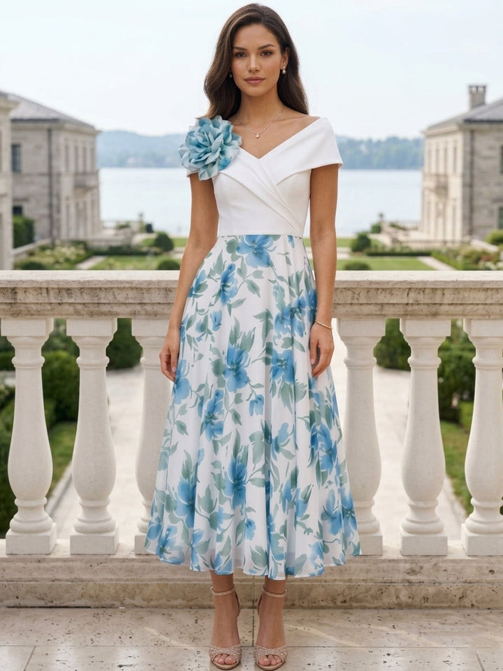 A-Line/Princess Off-the-Shoulder Chiffon Mother of the Bride Dresses Sleeveless Floral Tea-Length 3D Flower Formal Dresses