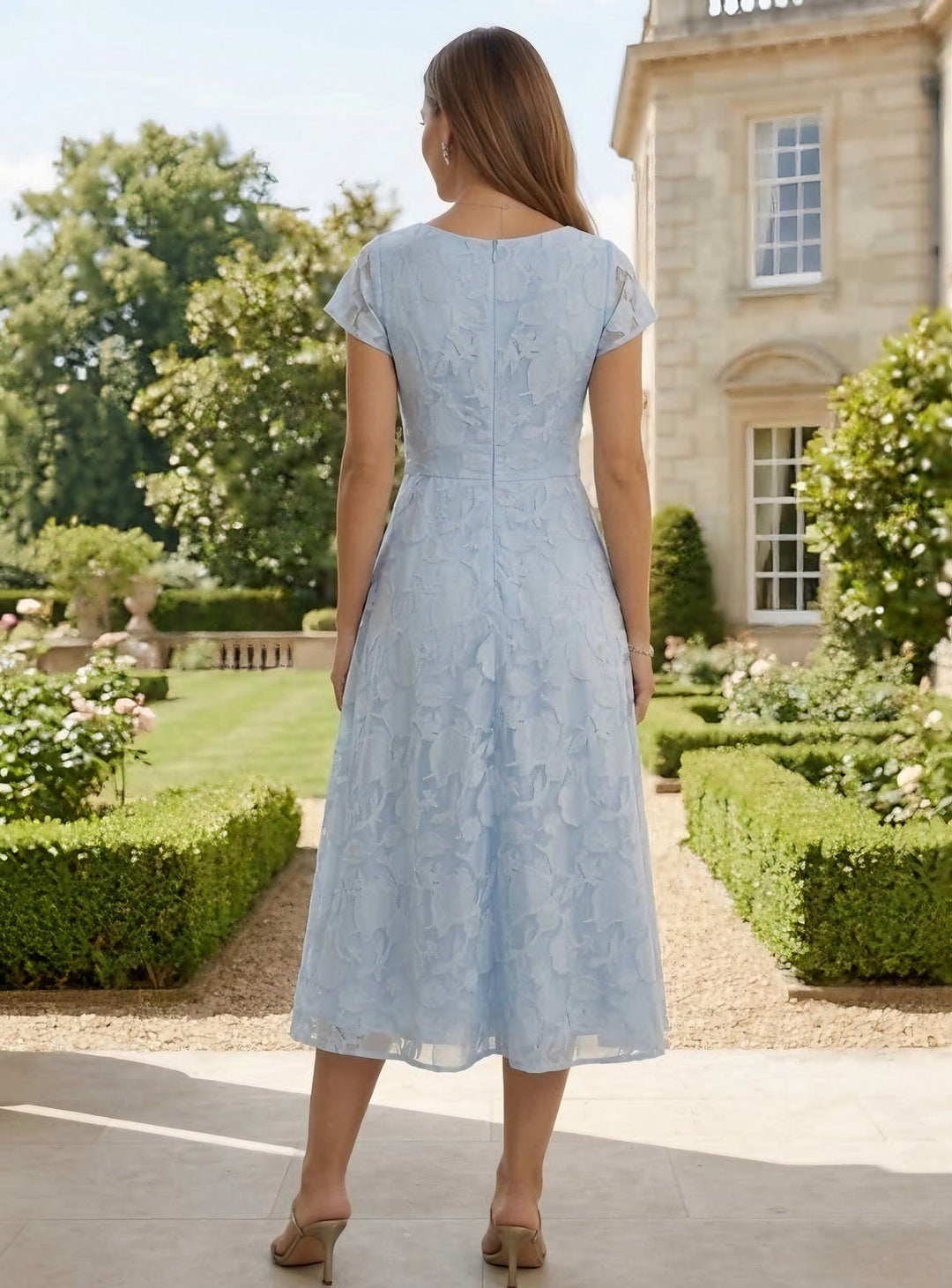 A-Line/Princess V-Neck Lace Floral Cocktail Dresses Tea-Length Short Sleeves Ruched Formal Dresses